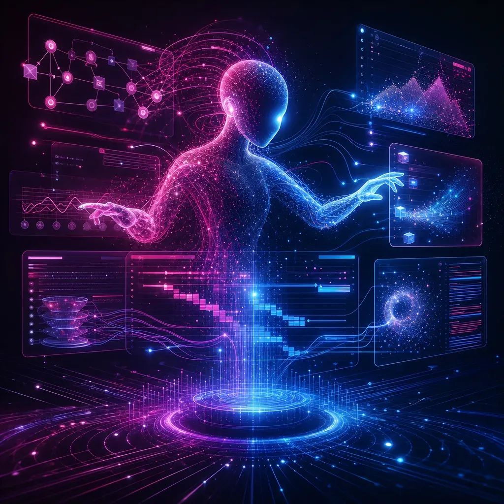 Agente de IA autónomo orquestando tareas, ilustración en degradado fucsia a azul