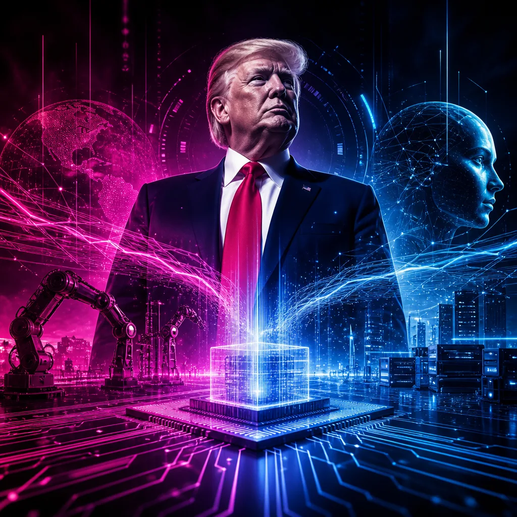 Illustration of Trump: Unwavering Support for AI Advancement – No Industry Halts