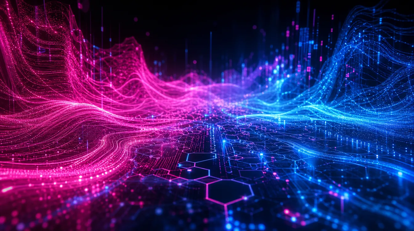 Ilustración abstracta del panorama semanal de la inteligencia artificial con flujos de datos en fucsia y azul
