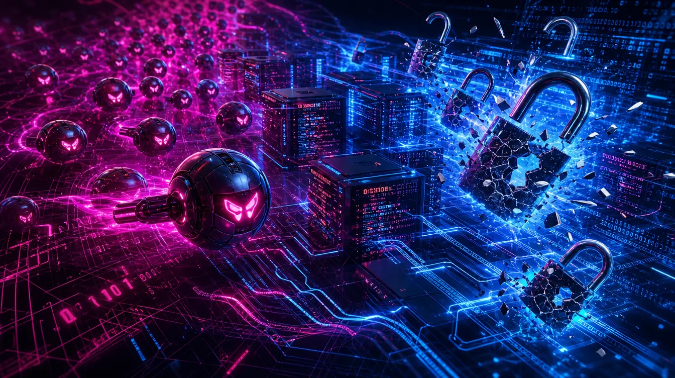 Ilustración conceptual de un ataque de IA autónoma contra una red, con agentes brillantes, candados rotos y flujos de código en degradado fucsia y azul