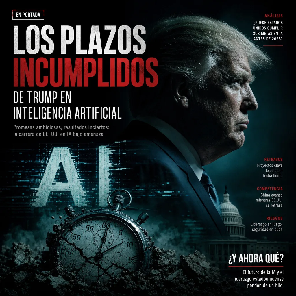 Magazine cover on Trump's AI missed deadlines with a dark, urgent theme.
