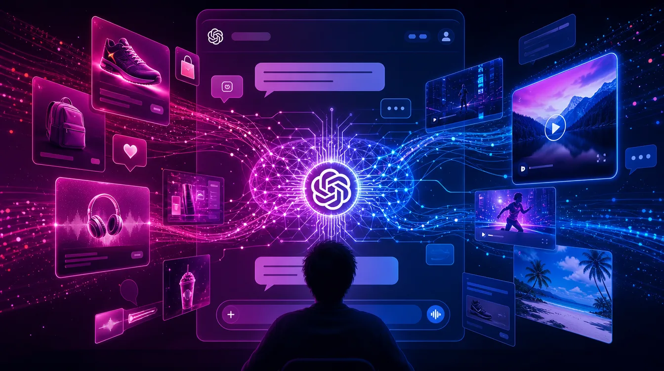 Ilustración conceptual de anuncios de imagen y video dentro de una interfaz de chat de inteligencia artificial, degradado fucsia a azul