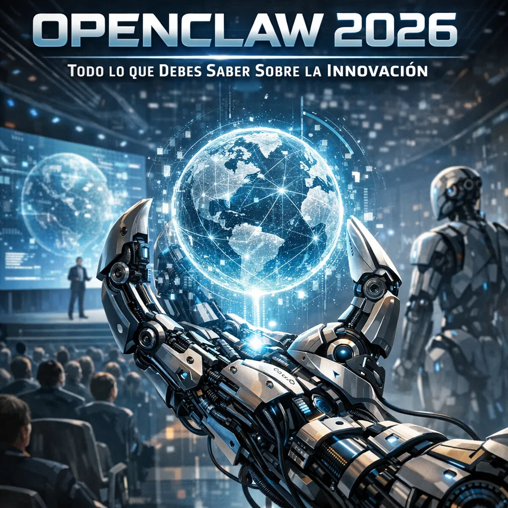 Futuristic technology conference with advanced robots and digital global connectivity displays.
