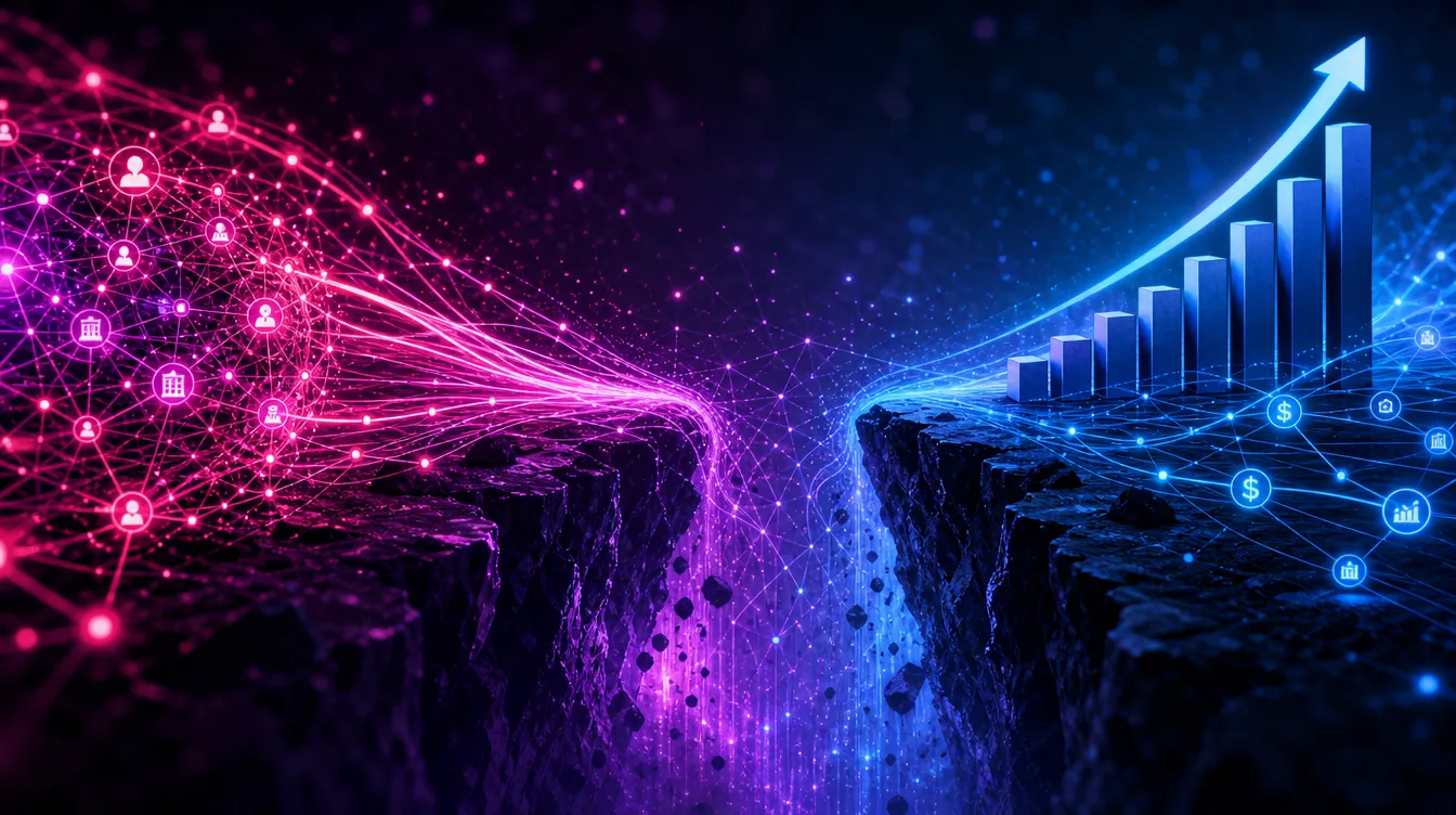 Ilustración conceptual de la brecha entre la adopción de IA y el impacto en ingresos, con flujos de datos y un gráfico ascendente en tonos fucsia y azul