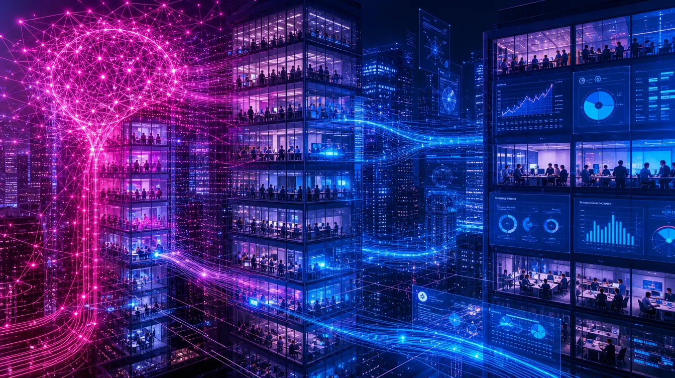 Ilustración conceptual de redes neuronales y flujos de datos integrándose en torres corporativas, gradiente fucsia a azul