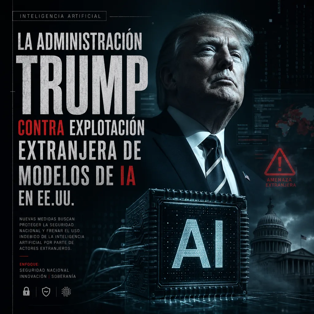 Chart illustrating Trump's policy against foreign AI model exploitation in the U.S., with a focus on security measures.