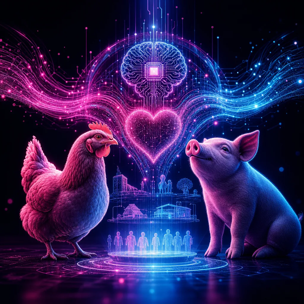 Illustration of Gallinas y Cerdos: Asombroso Beneficio por Ola Filantrópica de IA