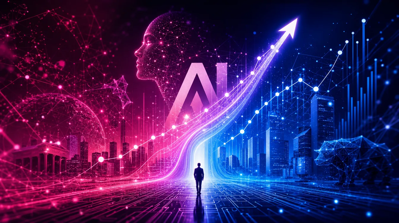 Ilustración conceptual de datos y redes neuronales ascendentes en fucsia y azul