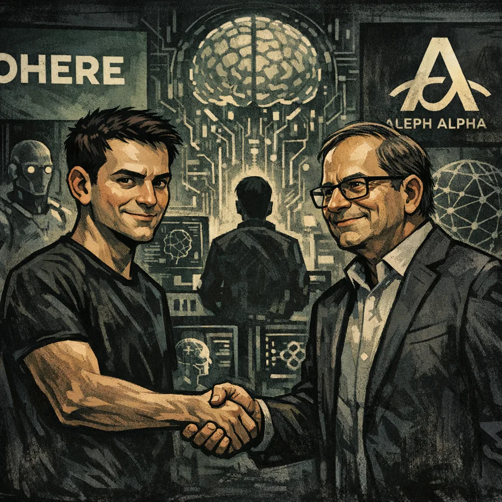 Two men shaking hands in front of a digital AI and technology-themed background.