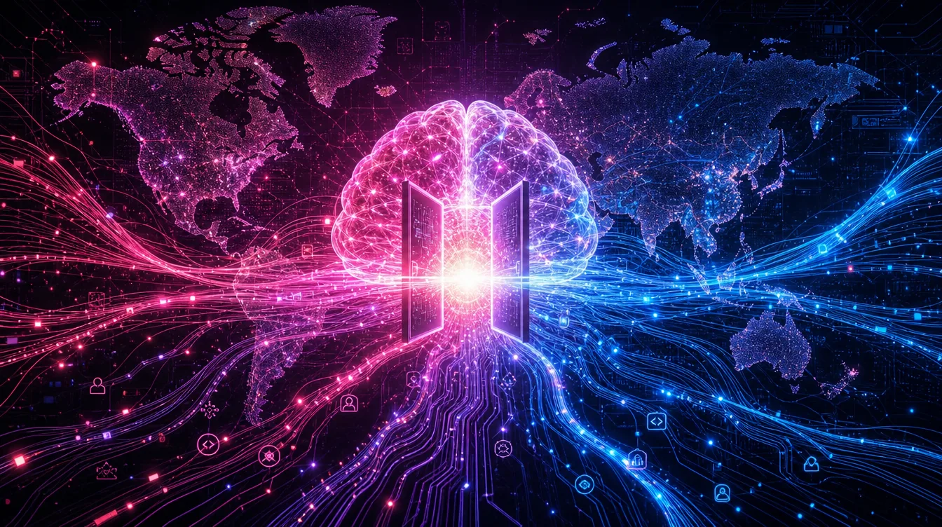 Ilustración conceptual de un modelo de IA de pesos abiertos irradiando datos por el mundo en tonos fucsia y azul