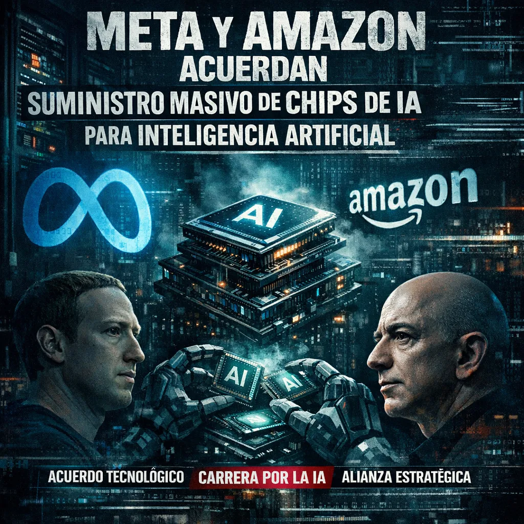 Logos of Meta and Amazon connected by a circuit board background, symbolizing a strategic AI chip supply partnership.