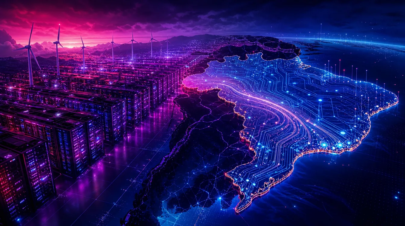 Ilustración de un gran centro de datos de IA en Brasil alimentado por energía eólica, con racks de servidores brillantes y flujos de datos en degradado fucsia a azul