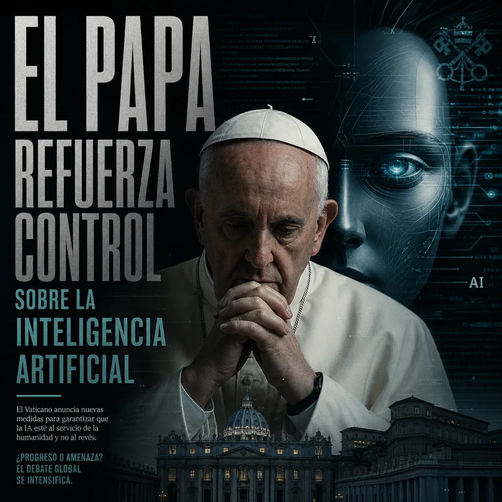 Pope Francis sits thoughtfully at a desk, addressing ethical AI control.