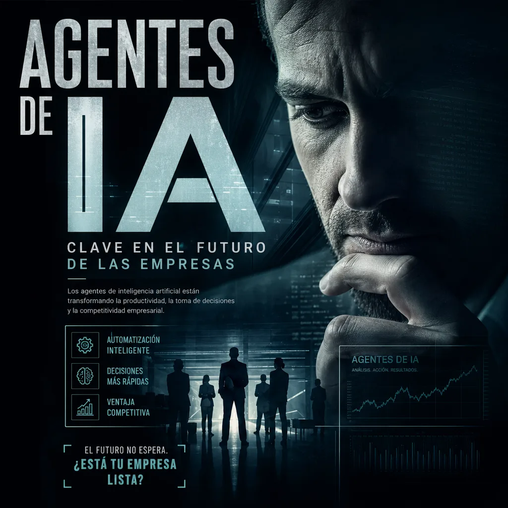 Promotional poster titled "Agentes de IA" showcasing AI’s role in business strategy and automation.