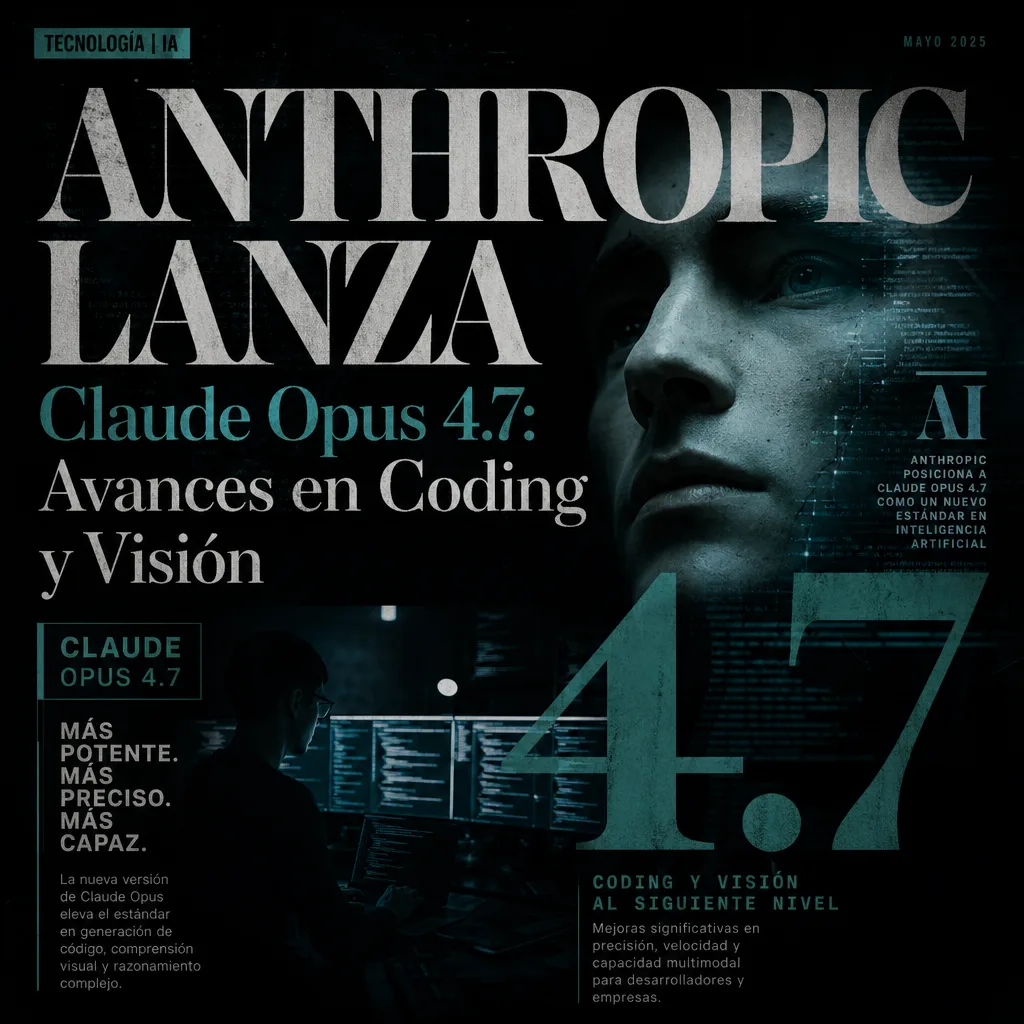 Cover of Anthropic Lanza magazine with Claude Opus 4.7, featuring AI coding and vision tech advancements.