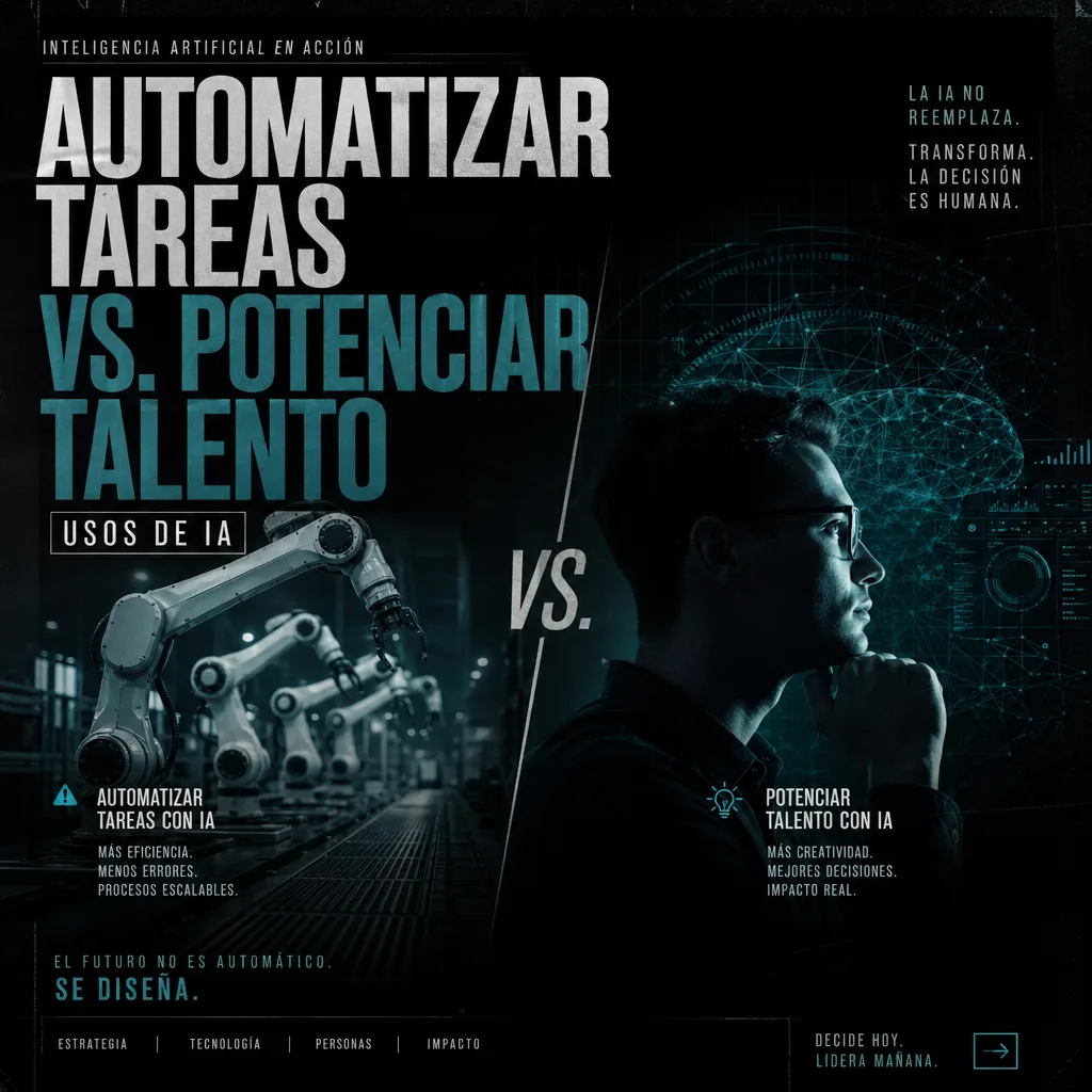 Illustration comparing automation of tasks with AI to enhancing human talent using artificial intelligence.