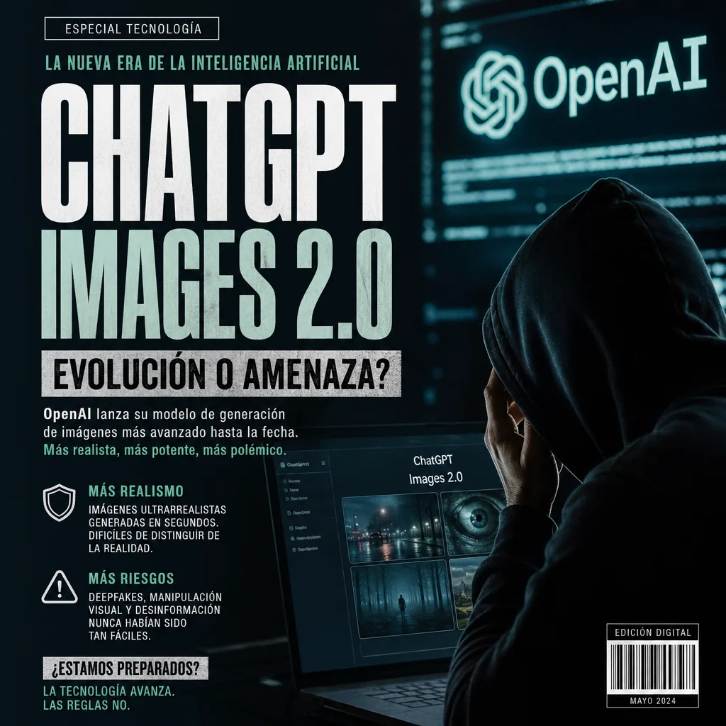 Promotional poster for ChatGPT Images 2.0 by OpenAI, featuring AI advancements and potential risks.