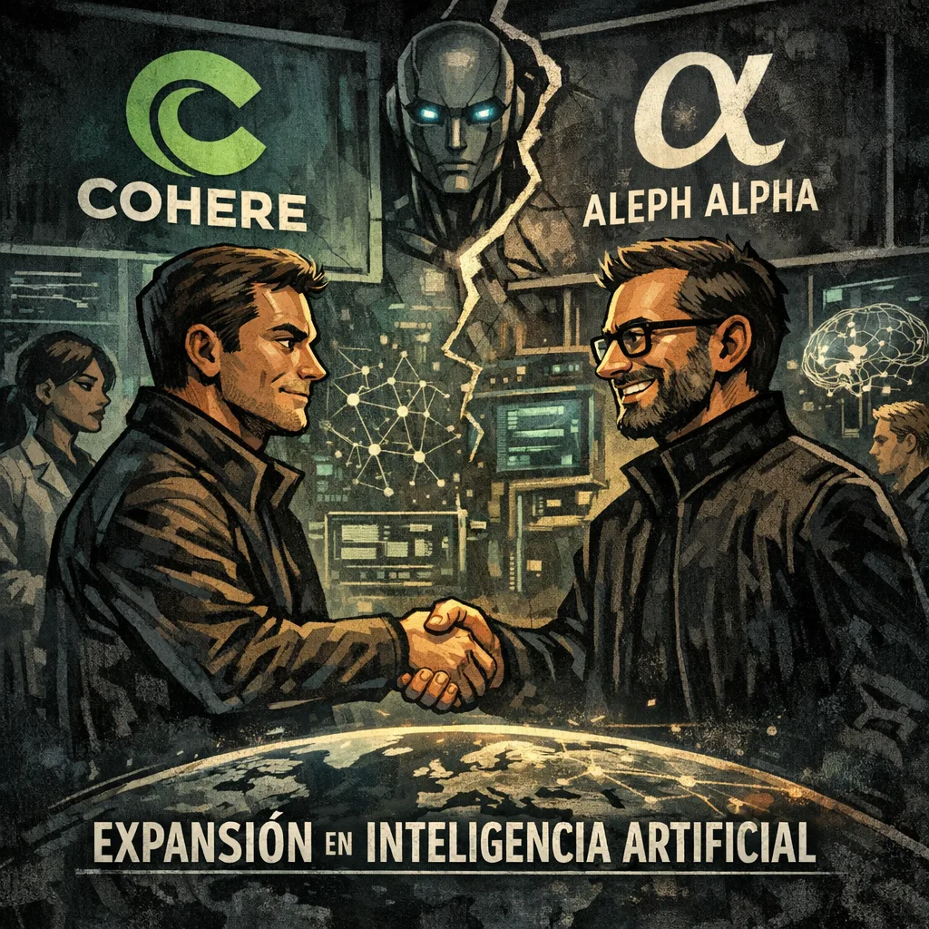 Illustration of two men shaking hands symbolizing the AI collaboration between Cohere and Aleph Alpha.