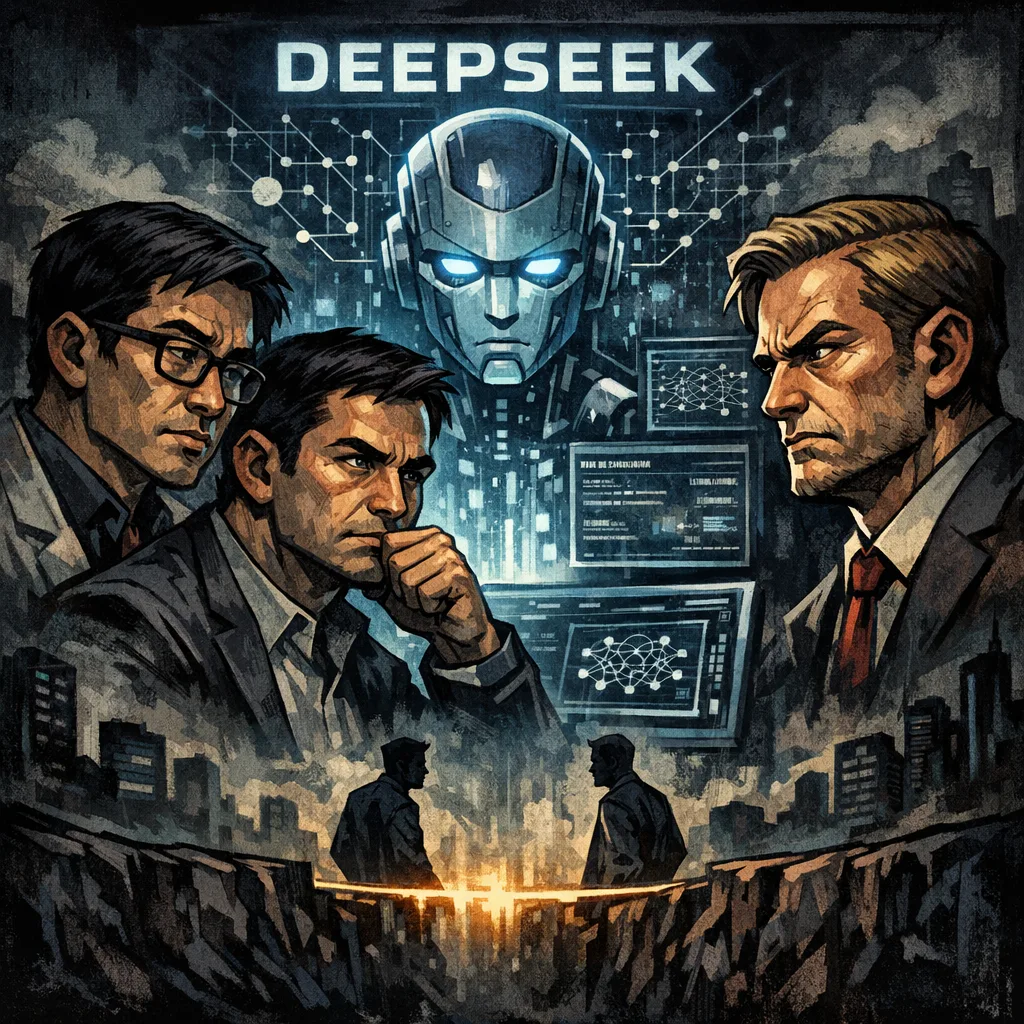 Futuristic AI robot and detectives analyzing data in a neon-lit cyberpunk cityscape for DeepSeek.