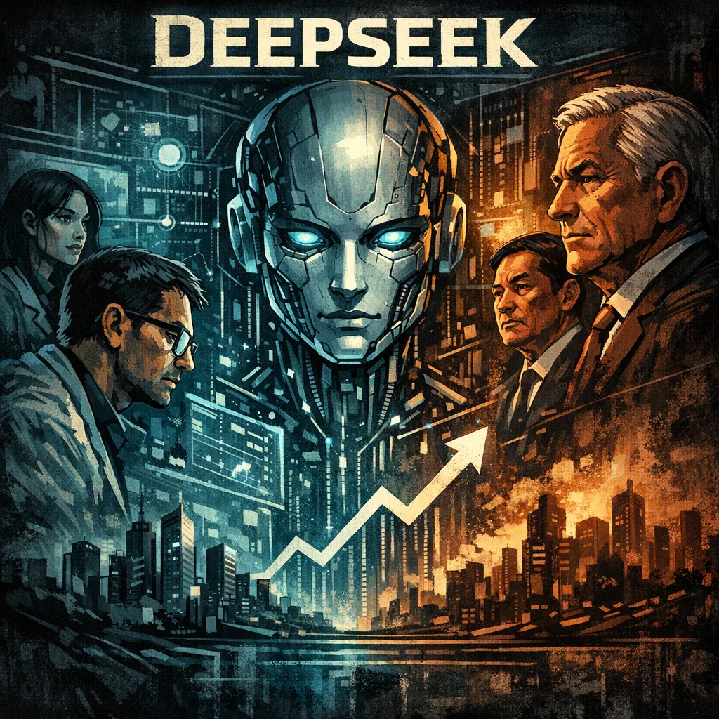 Futuristic cyberpunk cityscape with corporate leaders and AI technology, featuring the title "Deepseek."