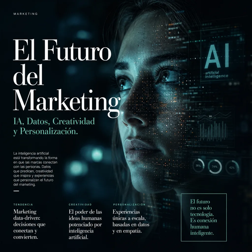 "Graphic illustrating AI-driven marketing with icons for data, creativity, and personalization against a futuristic backdrop.