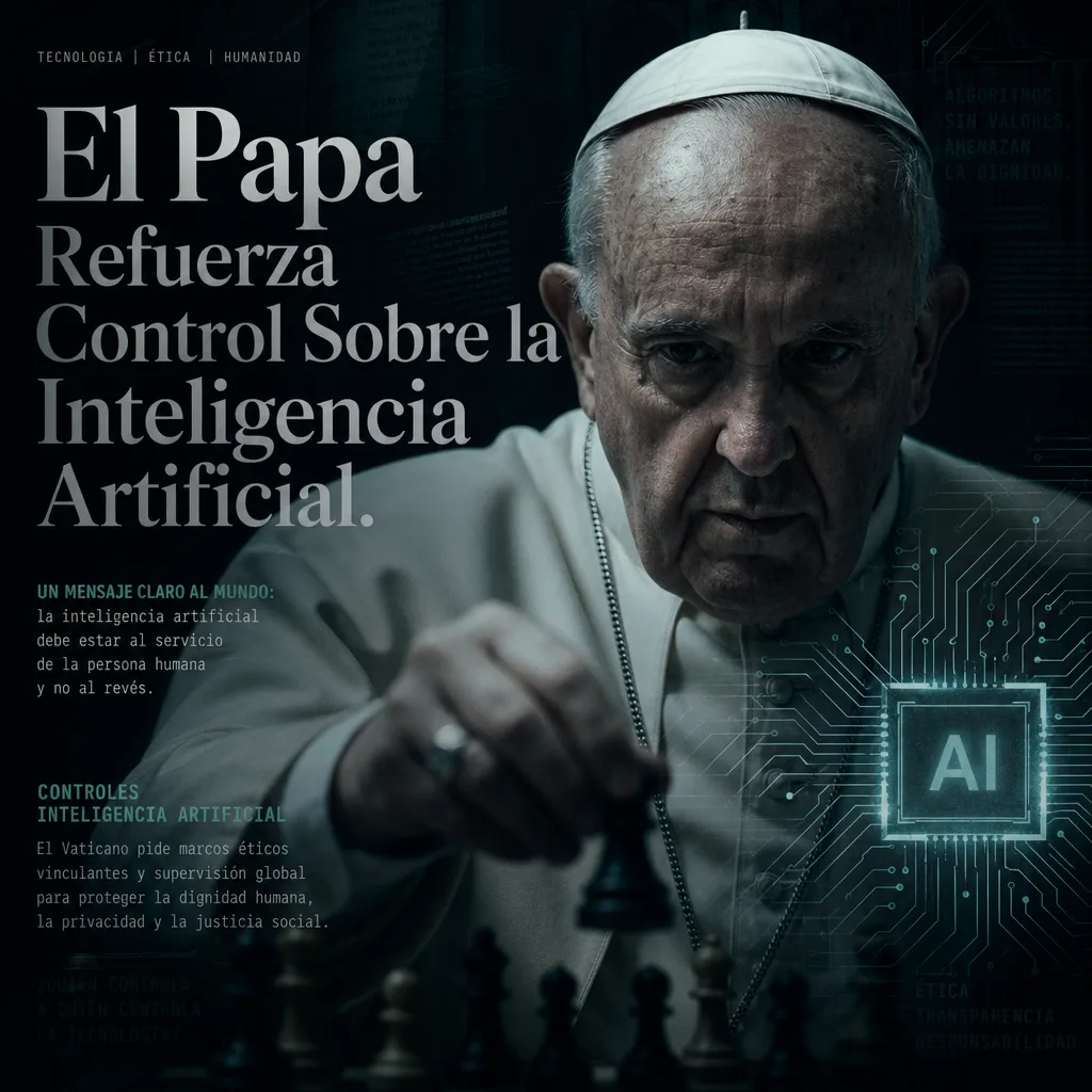 Pope speaking at a podium about AI ethics and global security, with a solemn expression, and an audience listening attentivel