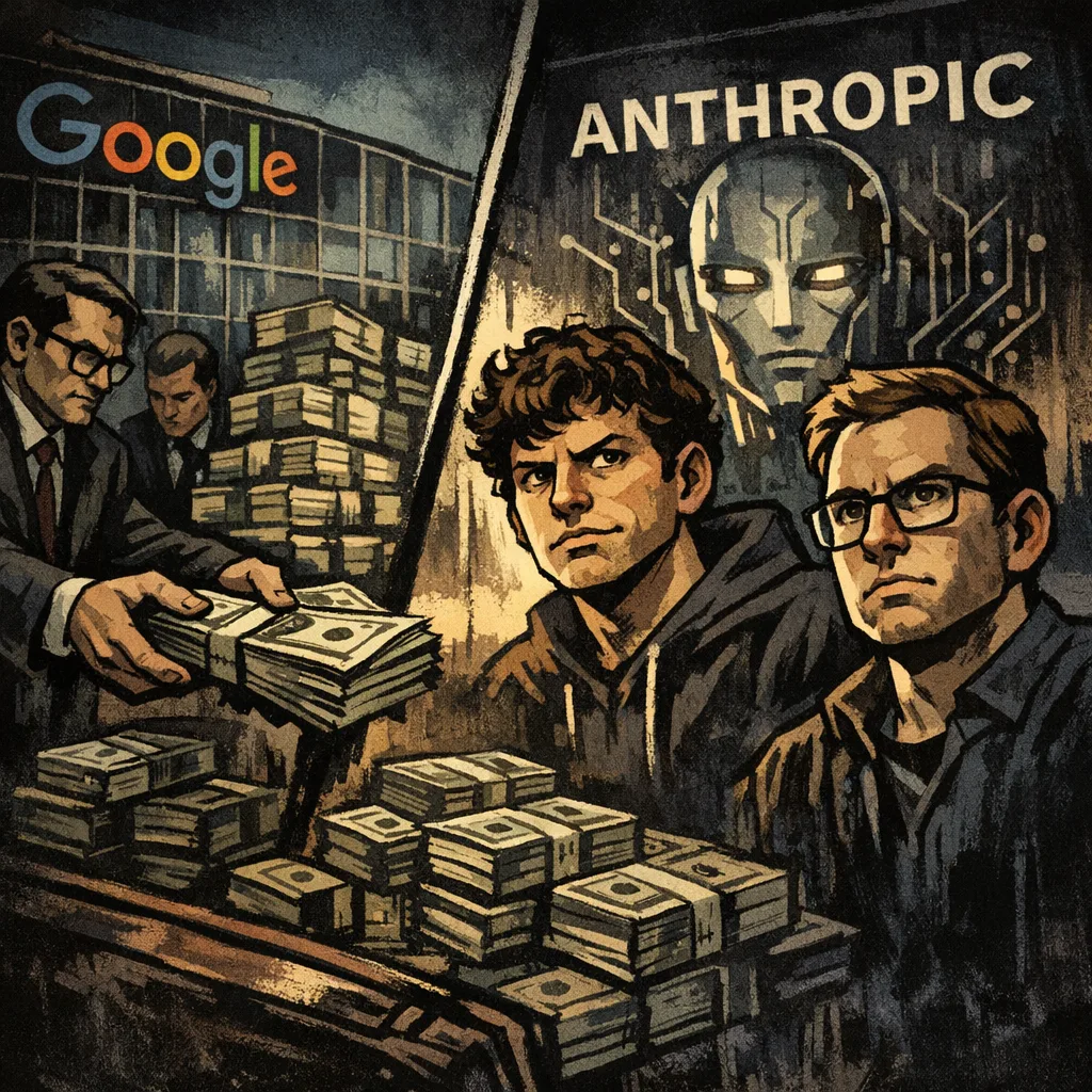Illustration showing Google investing heavily in Anthropic, highlighting AI rivalry and funding competition.
