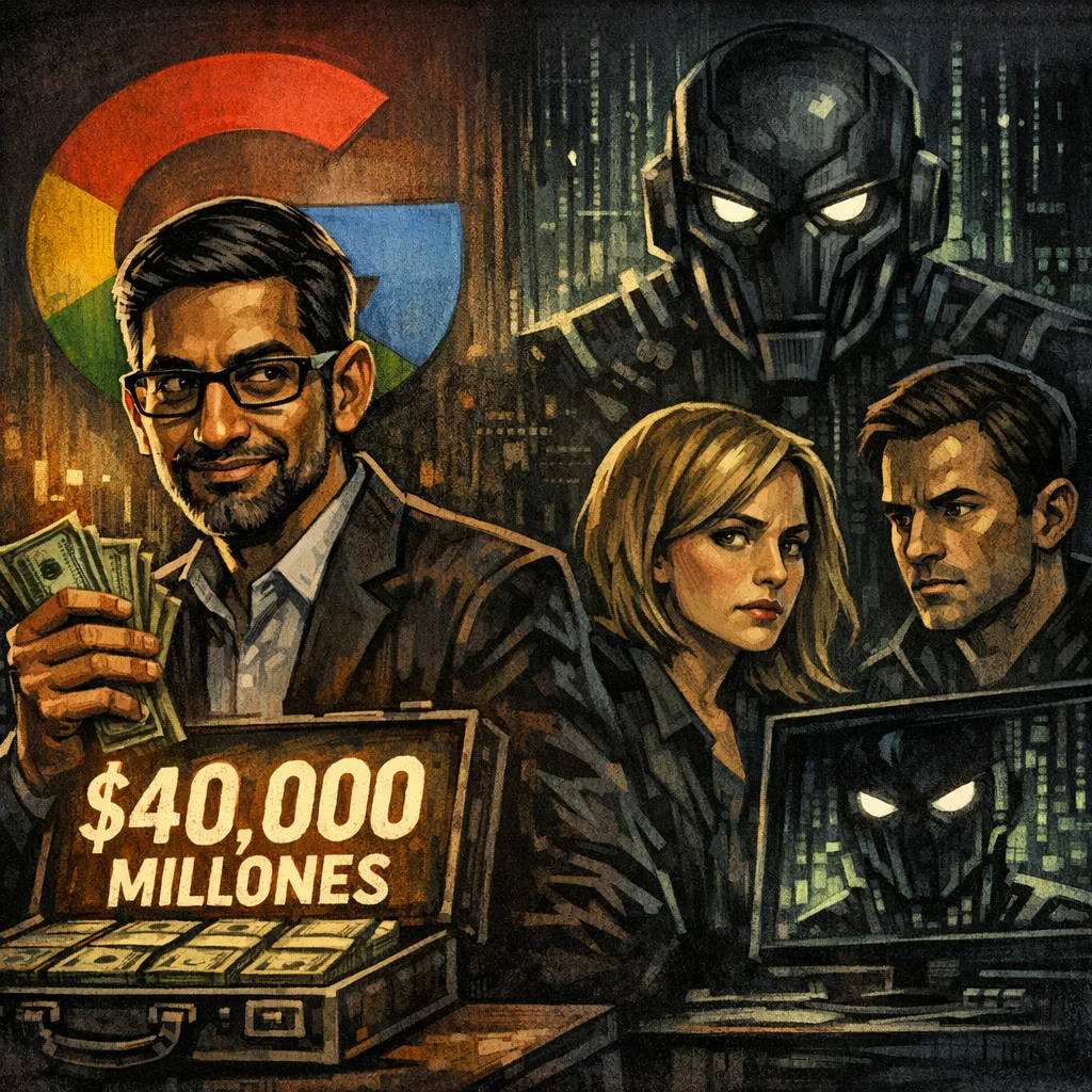 Illustration of a man holding money with a Google logo and mysterious figures in a dark, tech environment.