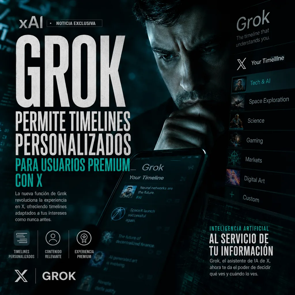 Illustration of a user customizing a timeline on a digital device, showcasing premium services by Grok AI.
