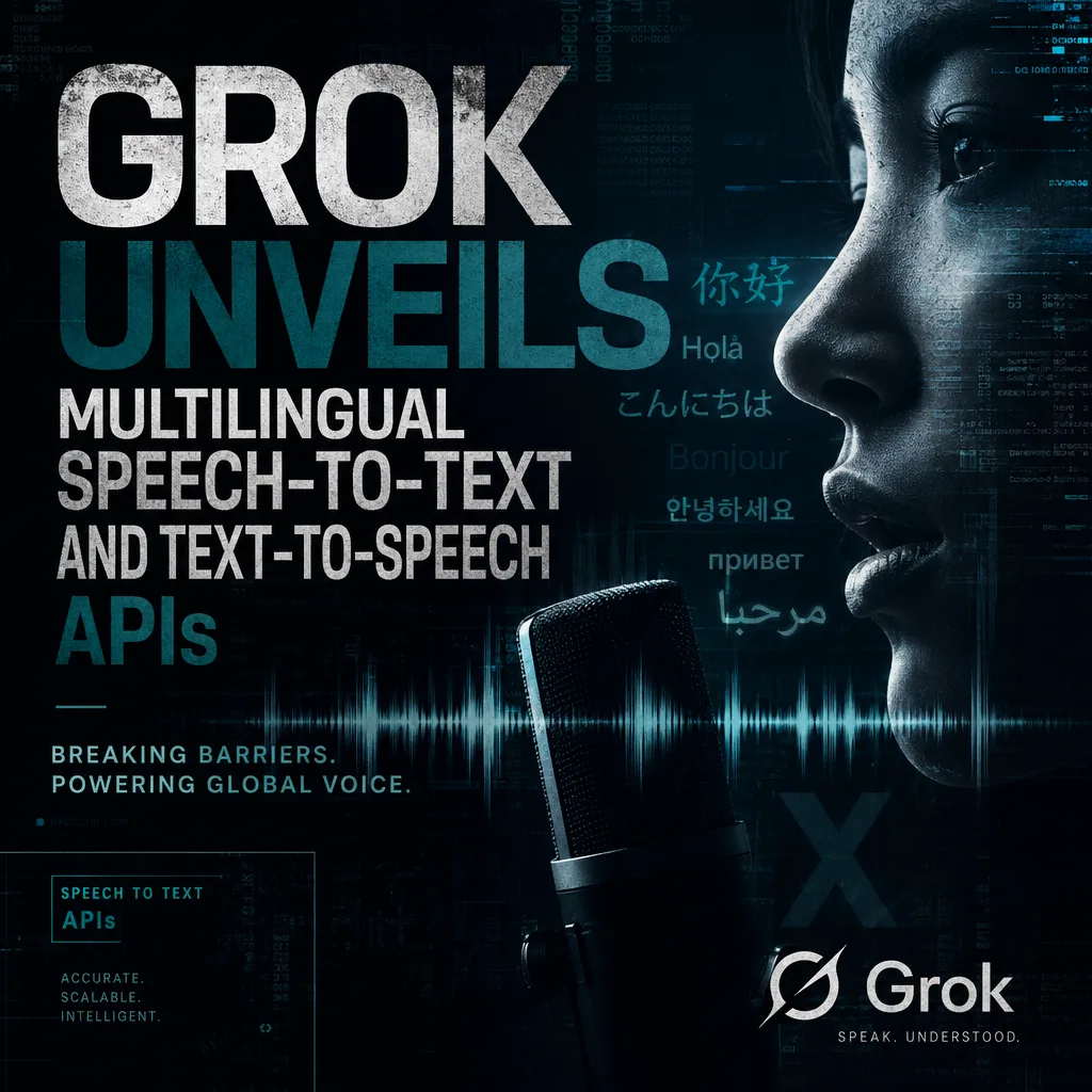 Grok logo with text: "Multilingual Speech-to-Text and Text-to-Speech APIs."