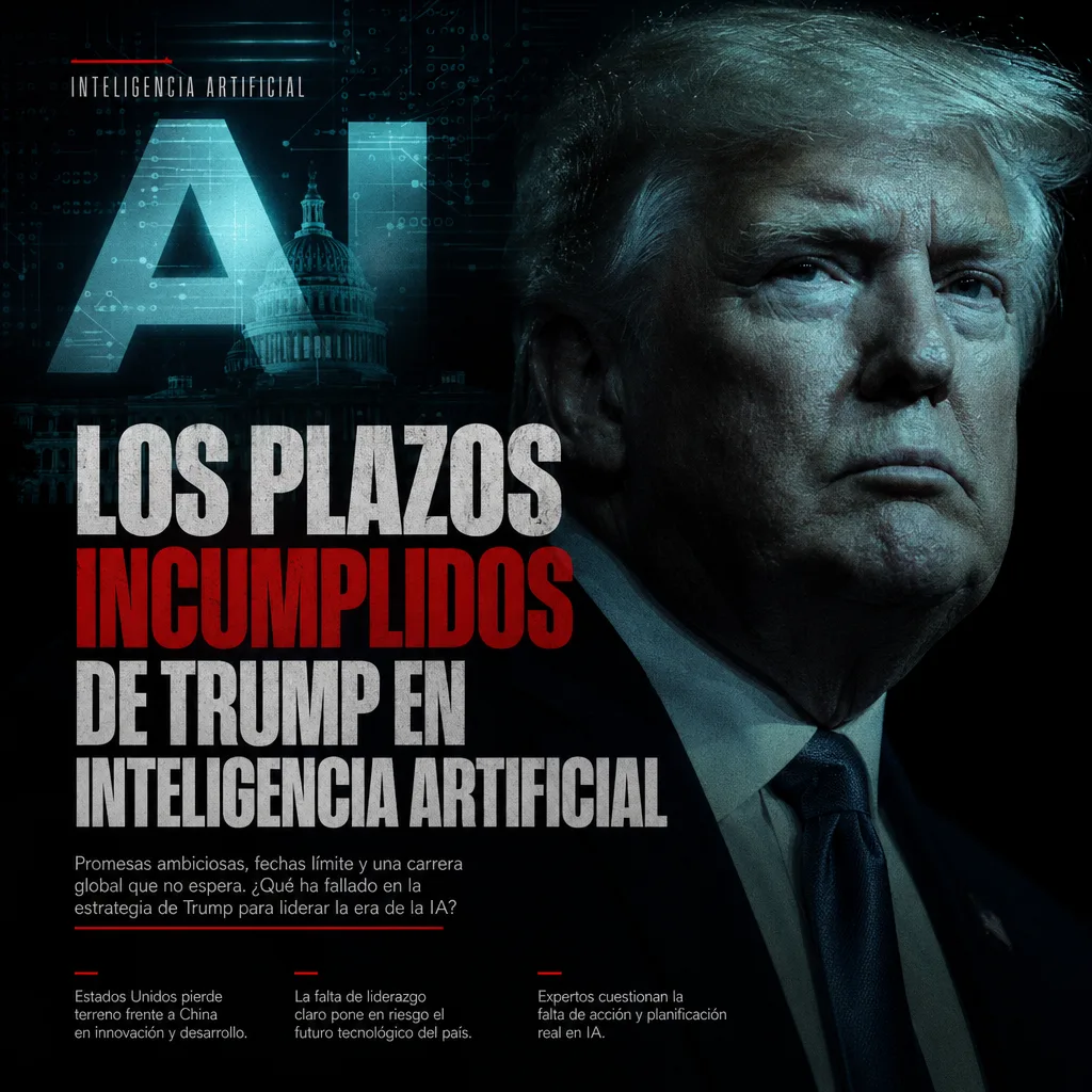 A focused Donald Trump speaking at a podium with AI technology graphics in the background.