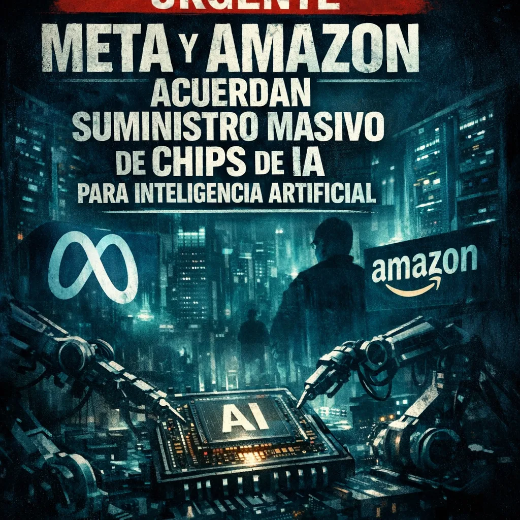 Logos of Meta and Amazon connected by circuits over a dark background symbolizing AI chip supply agreement.