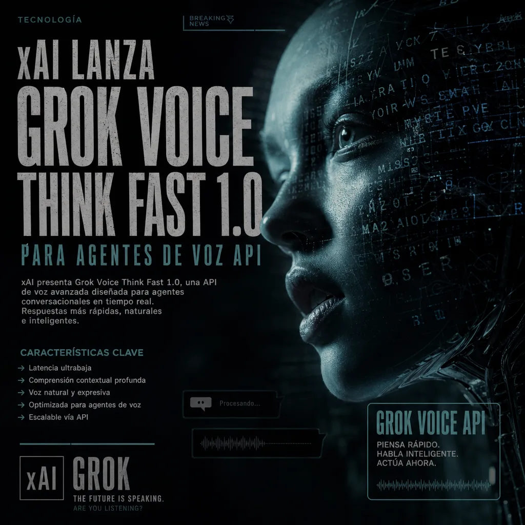 Promotional graphic for XAI's Grok Voice Think Fast 1.0 API, featuring dynamic waveforms and a futuristic design.