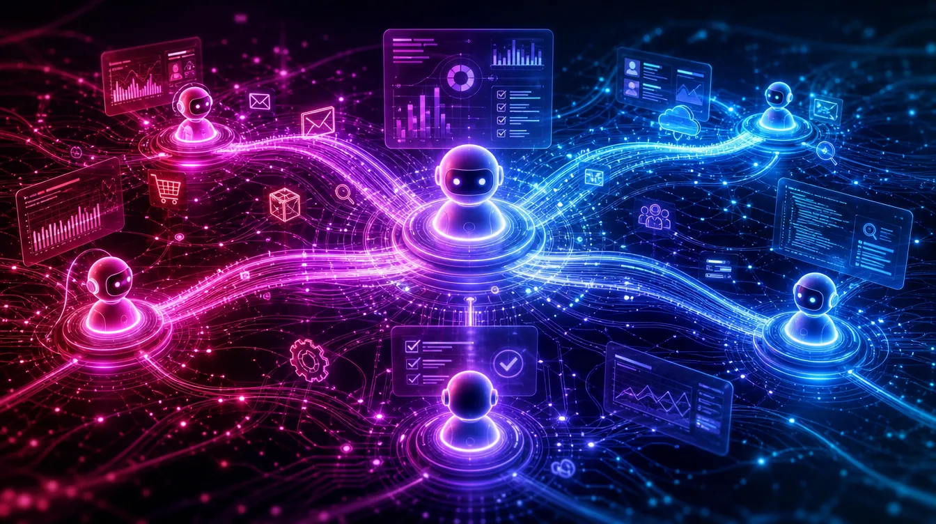 Ilustración conceptual de agentes de IA autónomos orquestando tareas empresariales con flujos de datos en fucsia y azul