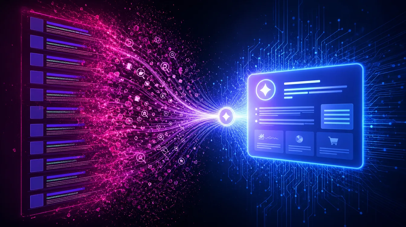 Ilustración conceptual: una lista de enlaces de búsqueda se disuelve en una única respuesta generada por inteligencia artificial, con degradado fucsia a azul