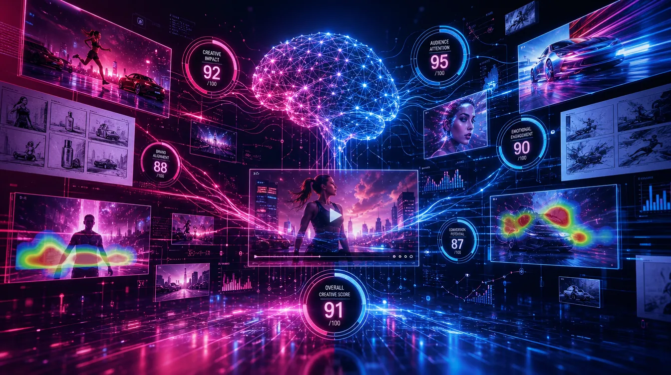 Ilustración conceptual de una IA que evalúa piezas publicitarias con medidores de efectividad y mapas de atención, en gradiente fucsia a azul