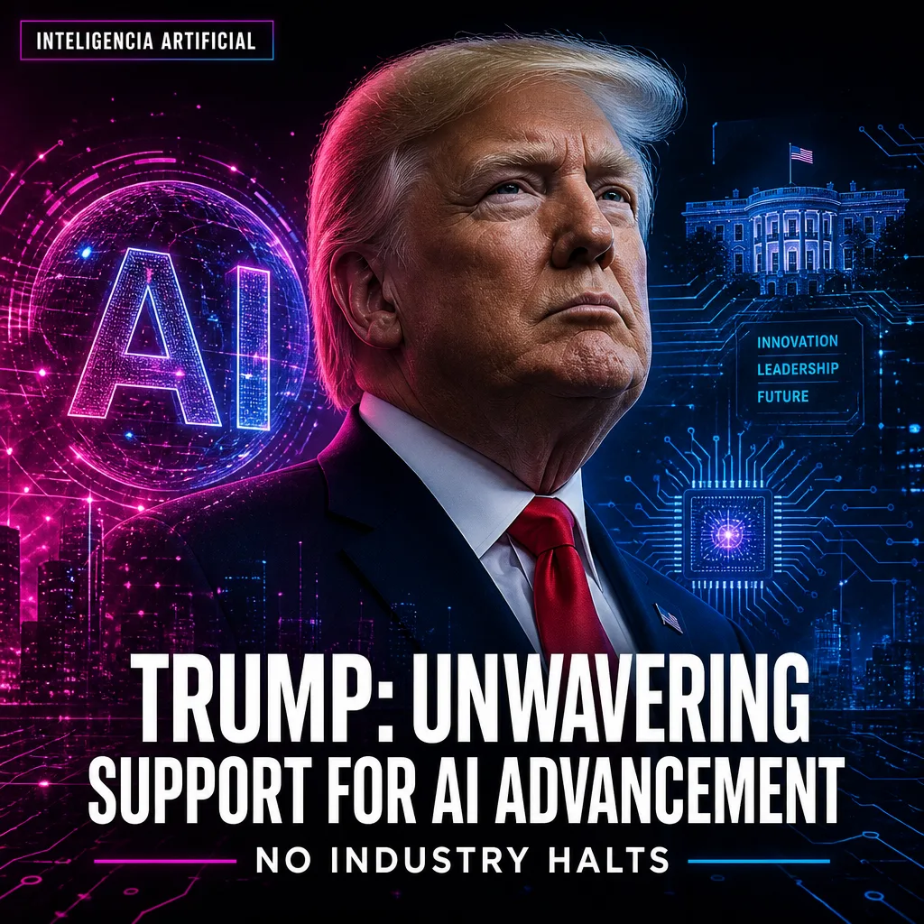 Illustration of Trump: Unwavering Support for AI Advancement – No Industry Halts